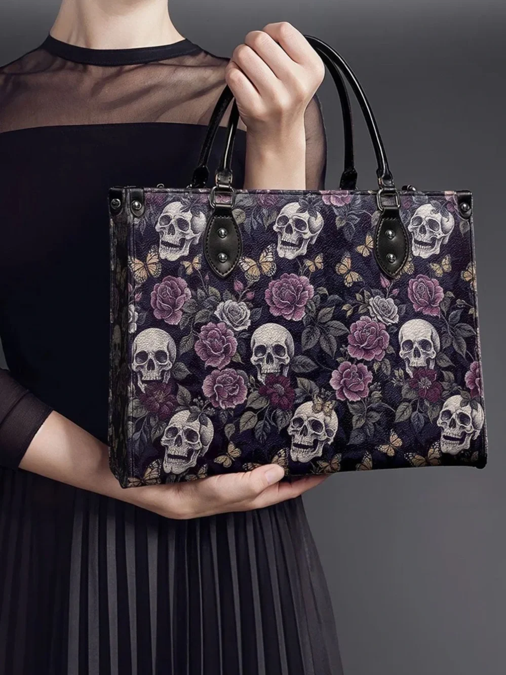 Gothic Skull & Rose Purple Tote Bag with Black Handles